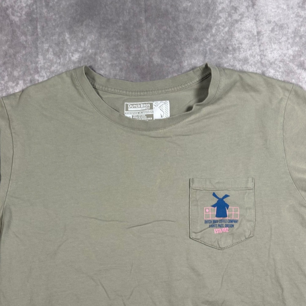 Dutch Bros Coffee Mens Large Sage Green Long Sleeve Pocket Graphic T-Shirt 1992 - Picture 3 of 9